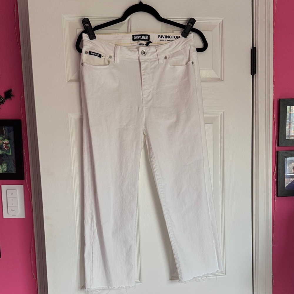 DKNY Women's Rivington Slim Straight Crop White Denim Pants